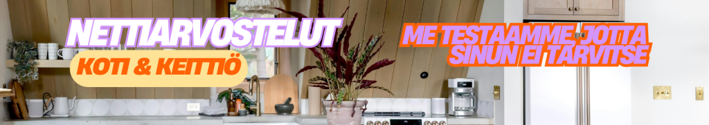 Nettiarvostelut koti ja keittiö banneri ja slogan - me testaamme kodinkoneet, keittiötuotteet ja muut tarvikkeet, jotta sinun ei tarvitse